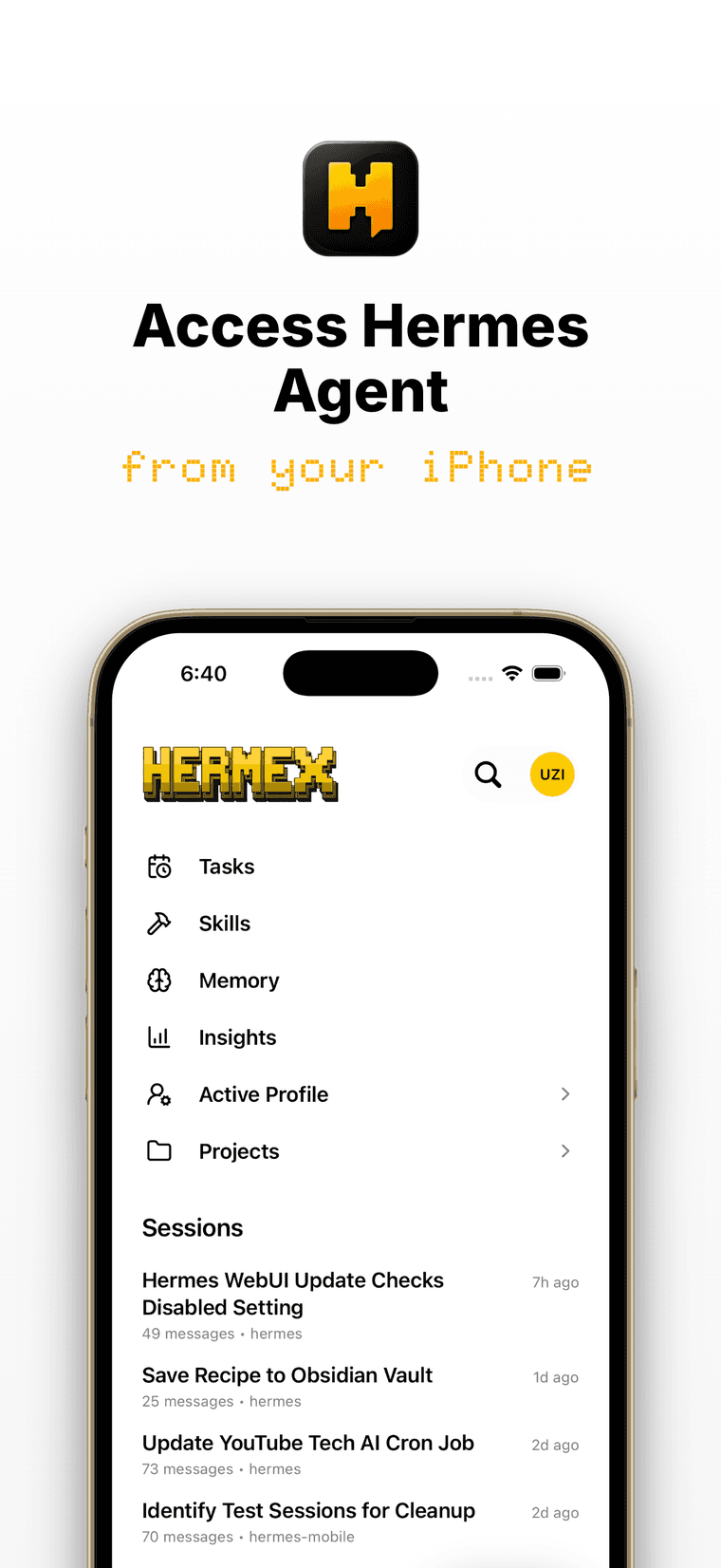 Hermex home screen listing live Hermes sessions, with Tasks, Skills, Memory, Insights, and Projects shortcuts.