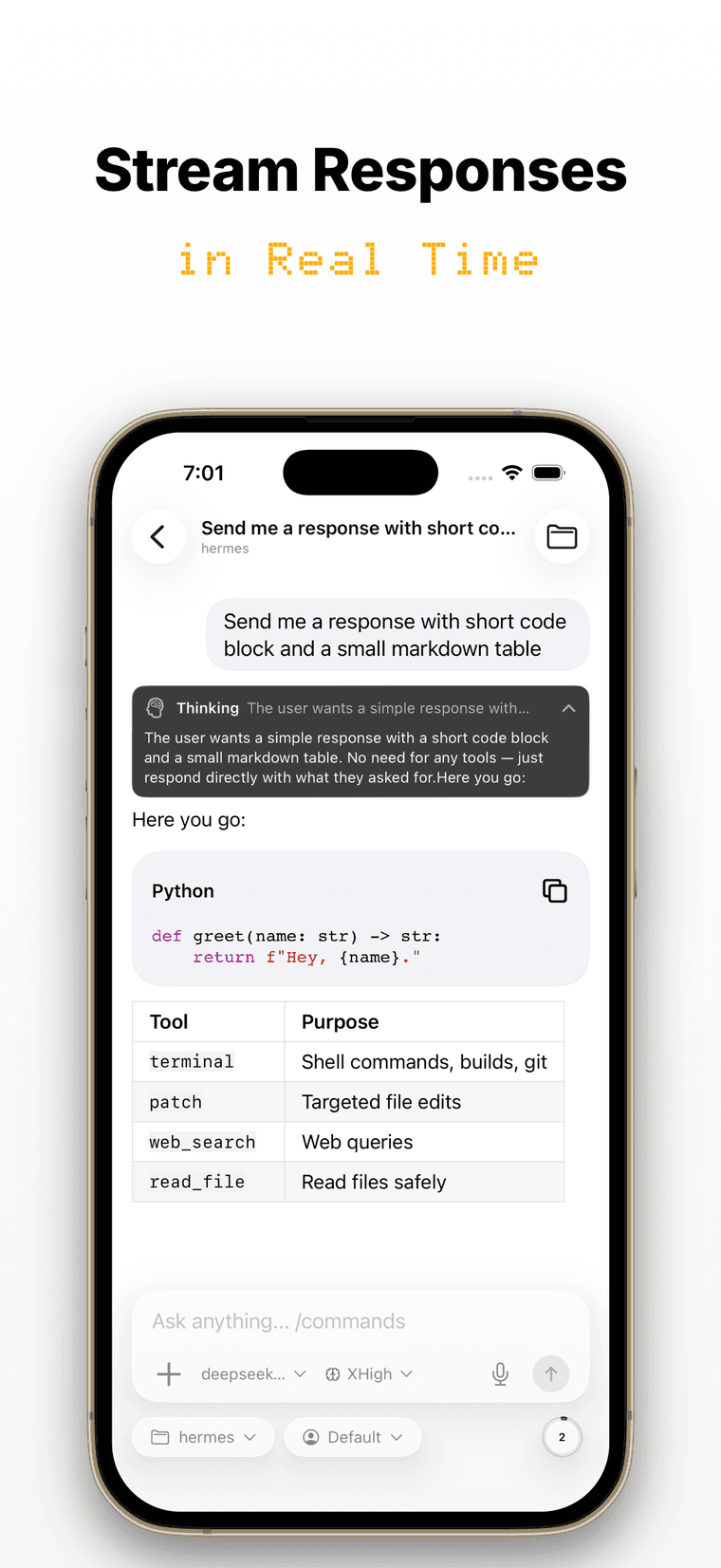 A session in Hermex streaming a response in real time — thinking summary, Python code block, and a markdown table of tools.