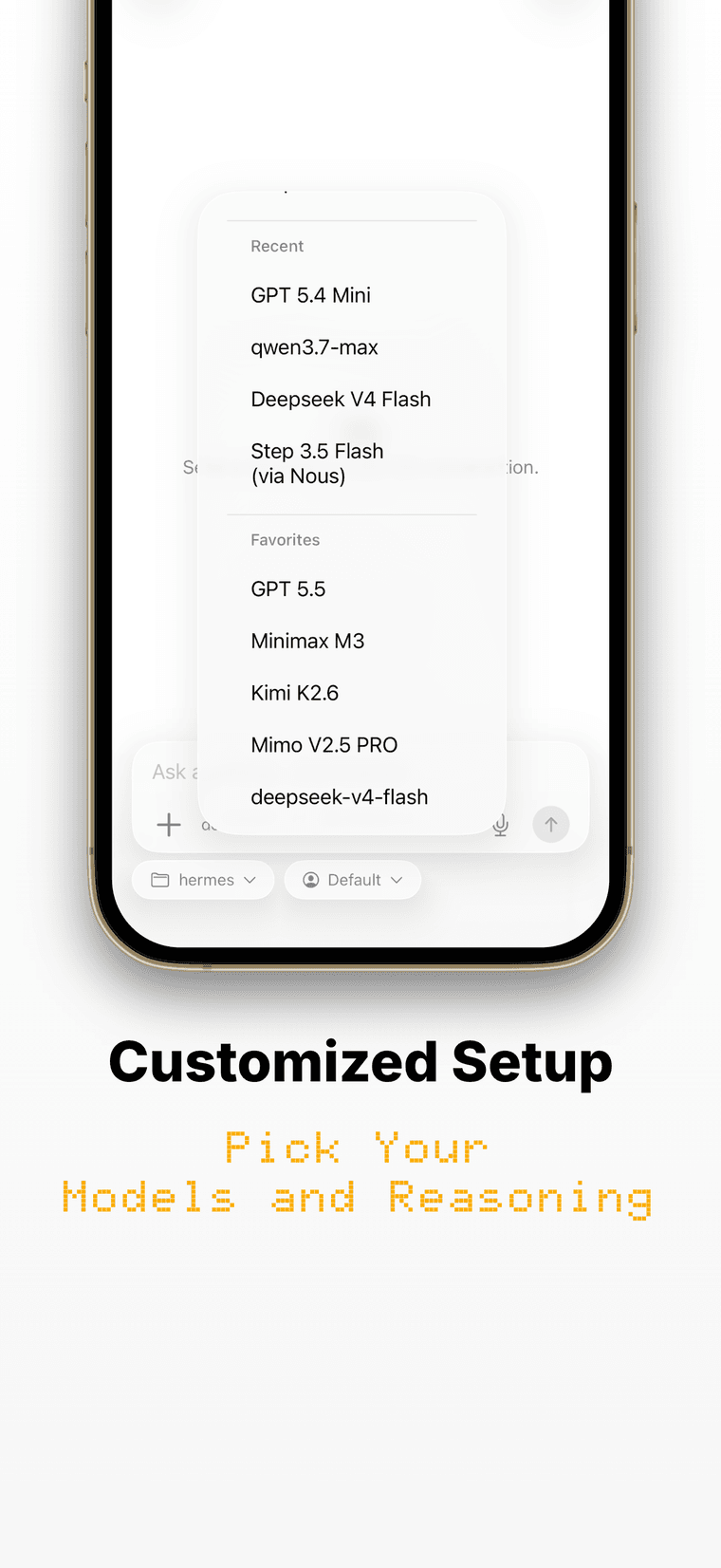 The Hermex model picker above the composer, with recent and favorite models from multiple providers.