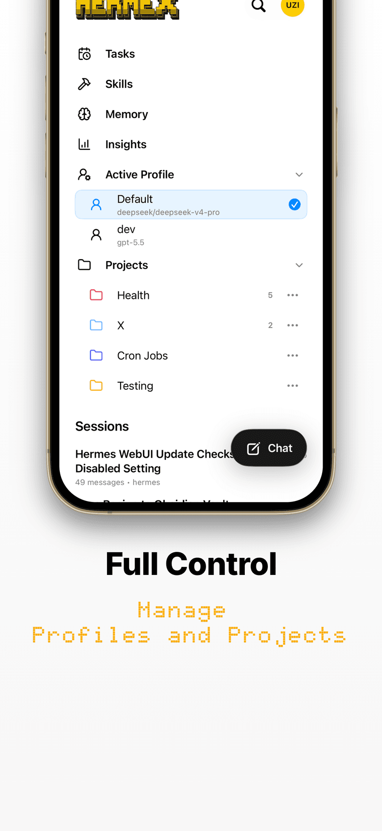The Hermex home screen with Active Profile and Projects expanded — switch profiles and project folders in place.