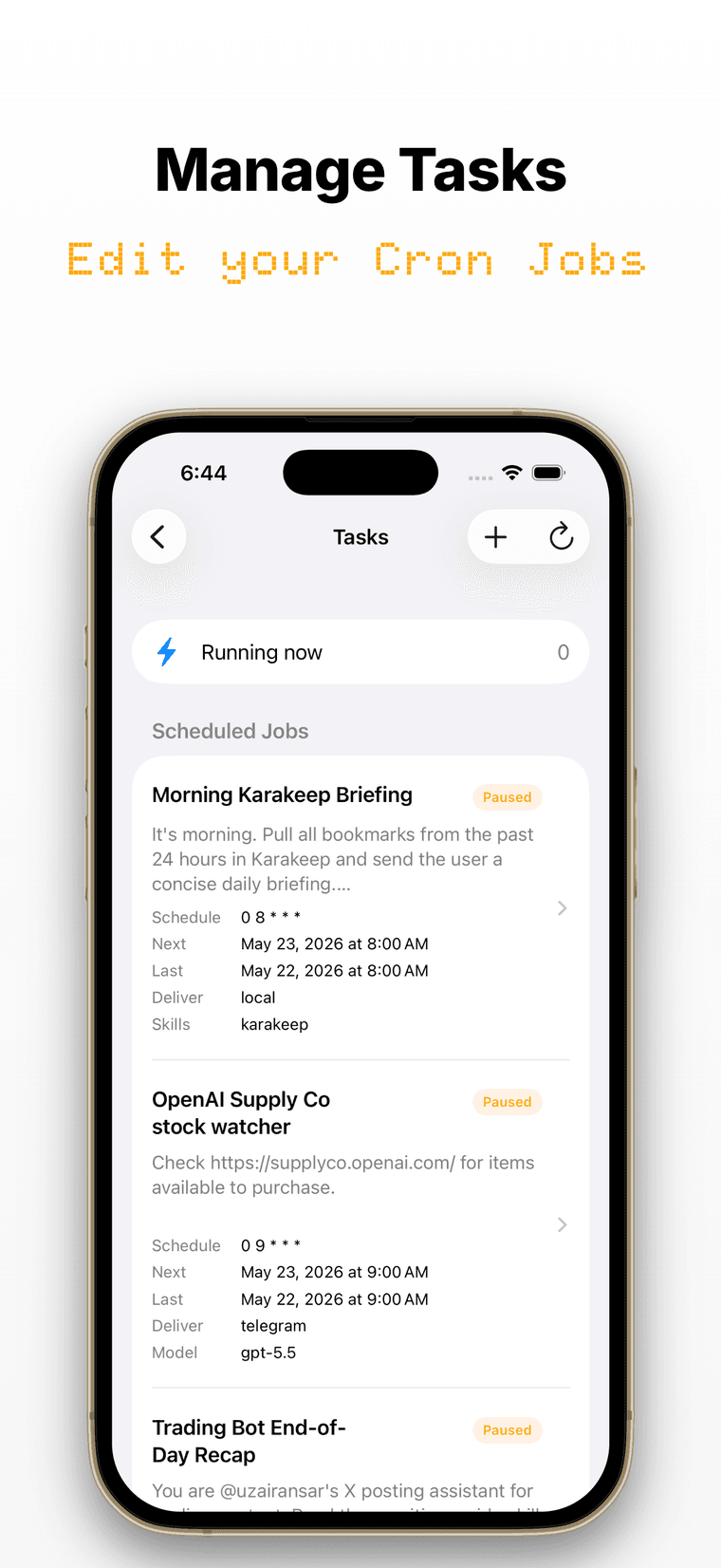 The Tasks screen in Hermex listing scheduled cron jobs with status, schedule, and next run time.