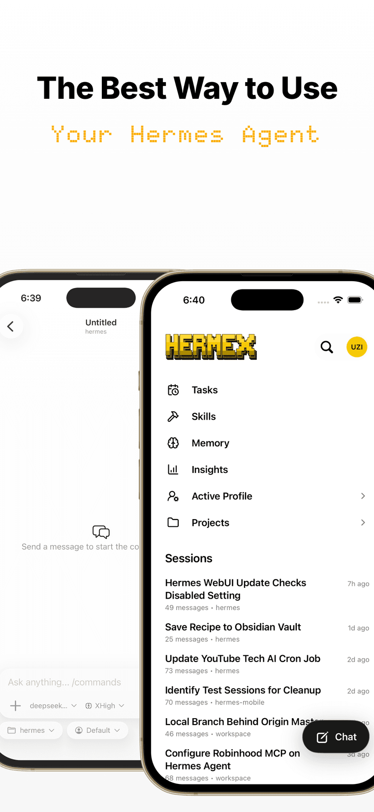 Two iPhones running Hermex side by side — a fresh session next to the sessions home screen.